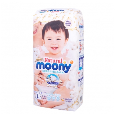 MOONI NATURAL ekologiškos sauskelnės kūdikiams, L dydis (9–14 kg), 38 vnt.